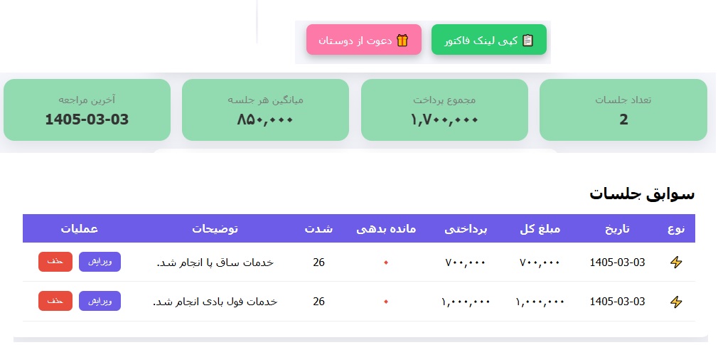 مشاهده سوابق جلسات لیزر مشتریان